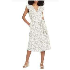 A New Day White Black Floral Ruffle Sleeve Wrap Midi Dress Womens Large V-Neck